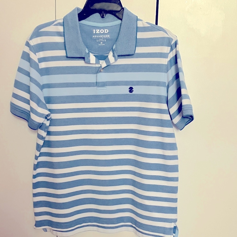 IZOD Advantage Performance Blue and White Striped Polo Shirt Size Medium